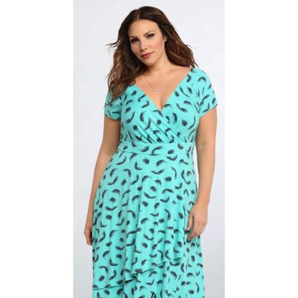 Torrid Aqua Blue Feather Print Faux Wrap V-Neck Front Round Back Dress Sz 2X - Picture 4 of 11